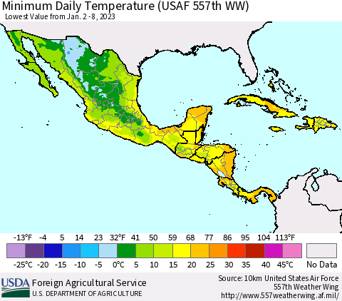 Mexico Central America and the Caribbean Minimum Daily Temperature (USAF 557th WW) Thematic Map For 1/2/2023 - 1/8/2023
