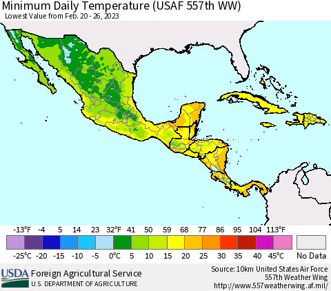 Mexico Central America and the Caribbean Minimum Daily Temperature (USAF 557th WW) Thematic Map For 2/20/2023 - 2/26/2023