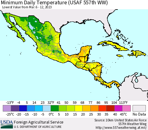 Mexico Central America and the Caribbean Minimum Daily Temperature (USAF 557th WW) Thematic Map For 3/6/2023 - 3/12/2023