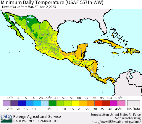 Mexico Central America and the Caribbean Minimum Daily Temperature (USAF 557th WW) Thematic Map For 3/27/2023 - 4/2/2023