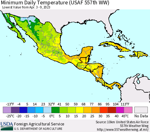 Mexico Central America and the Caribbean Minimum Daily Temperature (USAF 557th WW) Thematic Map For 4/3/2023 - 4/9/2023