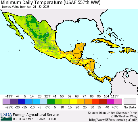 Mexico Central America and the Caribbean Minimum Daily Temperature (USAF 557th WW) Thematic Map For 4/24/2023 - 4/30/2023