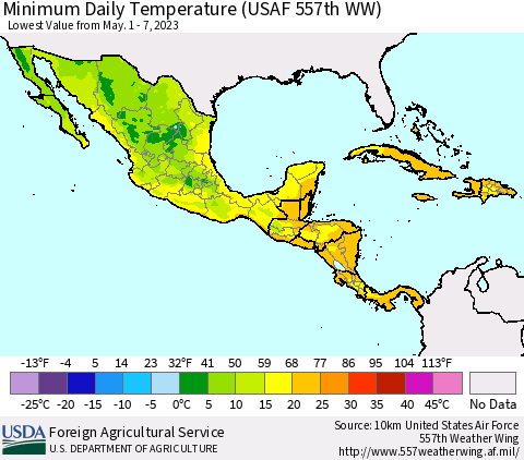 Mexico Central America and the Caribbean Minimum Daily Temperature (USAF 557th WW) Thematic Map For 5/1/2023 - 5/7/2023