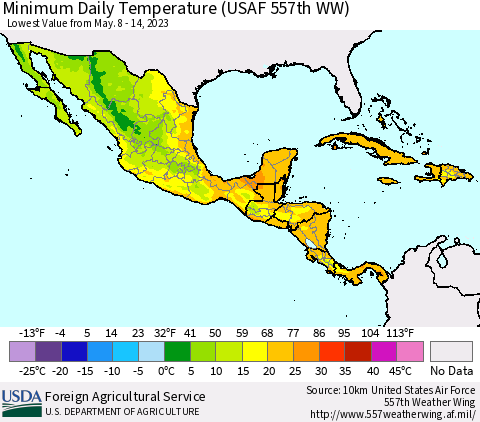 Mexico Central America and the Caribbean Minimum Daily Temperature (USAF 557th WW) Thematic Map For 5/8/2023 - 5/14/2023