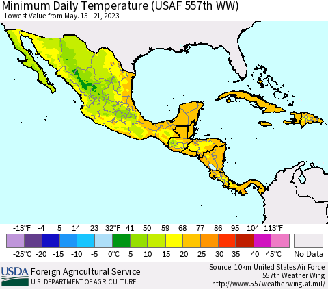 Mexico Central America and the Caribbean Minimum Daily Temperature (USAF 557th WW) Thematic Map For 5/15/2023 - 5/21/2023