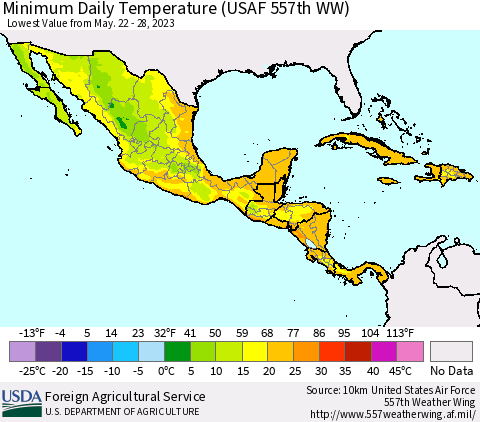 Mexico Central America and the Caribbean Minimum Daily Temperature (USAF 557th WW) Thematic Map For 5/22/2023 - 5/28/2023