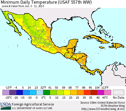 Mexico Central America and the Caribbean Minimum Daily Temperature (USAF 557th WW) Thematic Map For 6/5/2023 - 6/11/2023