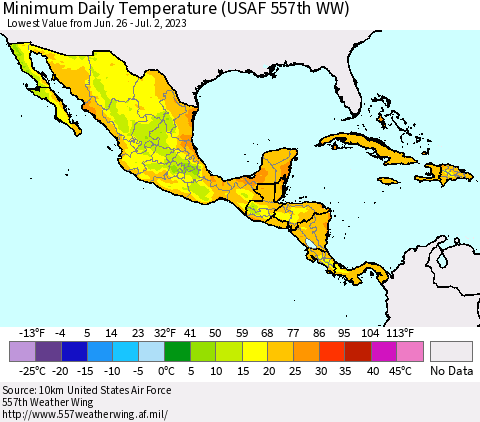 Mexico Central America and the Caribbean Minimum Daily Temperature (USAF 557th WW) Thematic Map For 6/26/2023 - 7/2/2023