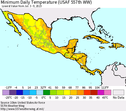 Mexico Central America and the Caribbean Minimum Daily Temperature (USAF 557th WW) Thematic Map For 7/3/2023 - 7/9/2023