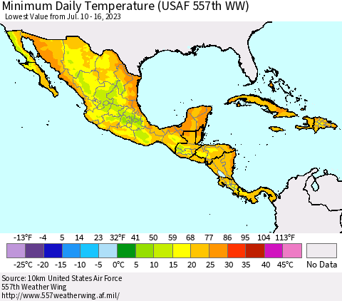 Mexico Central America and the Caribbean Minimum Daily Temperature (USAF 557th WW) Thematic Map For 7/10/2023 - 7/16/2023