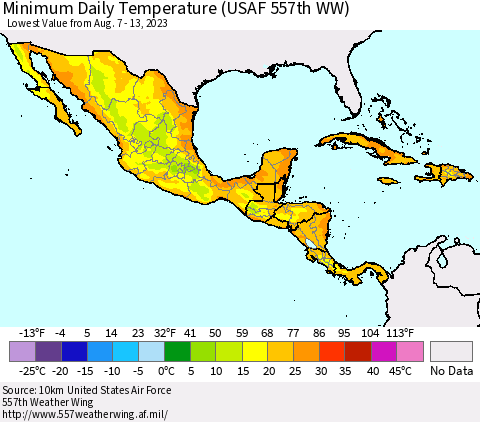 Mexico Central America and the Caribbean Minimum Daily Temperature (USAF 557th WW) Thematic Map For 8/7/2023 - 8/13/2023