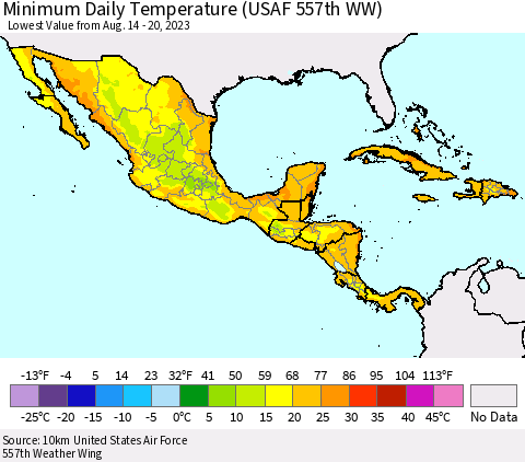Mexico Central America and the Caribbean Minimum Daily Temperature (USAF 557th WW) Thematic Map For 8/14/2023 - 8/20/2023