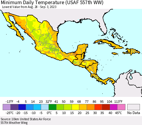 Mexico Central America and the Caribbean Minimum Daily Temperature (USAF 557th WW) Thematic Map For 8/28/2023 - 9/3/2023