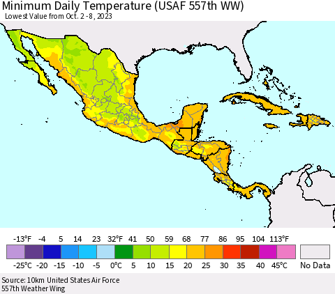 Mexico Central America and the Caribbean Minimum Daily Temperature (USAF 557th WW) Thematic Map For 10/2/2023 - 10/8/2023