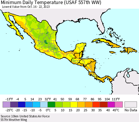 Mexico Central America and the Caribbean Minimum Daily Temperature (USAF 557th WW) Thematic Map For 10/16/2023 - 10/22/2023