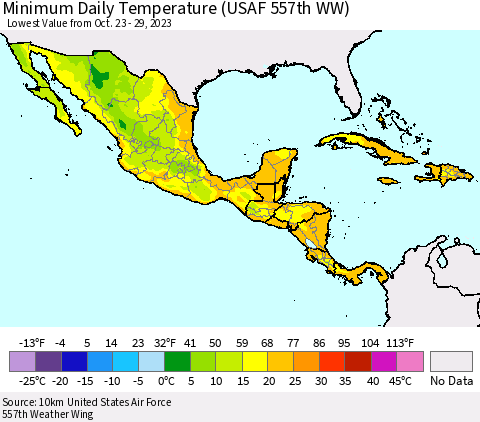 Mexico Central America and the Caribbean Minimum Daily Temperature (USAF 557th WW) Thematic Map For 10/23/2023 - 10/29/2023