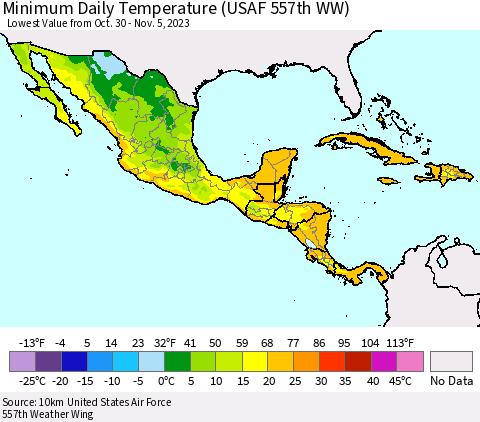 Mexico Central America and the Caribbean Minimum Daily Temperature (USAF 557th WW) Thematic Map For 10/30/2023 - 11/5/2023
