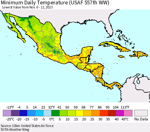 Mexico Central America and the Caribbean Minimum Daily Temperature (USAF 557th WW) Thematic Map For 11/6/2023 - 11/12/2023