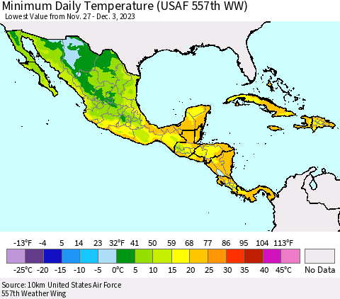 Mexico Central America and the Caribbean Minimum Daily Temperature (USAF 557th WW) Thematic Map For 11/27/2023 - 12/3/2023