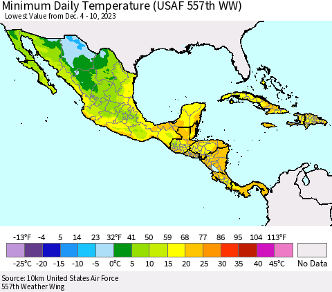 Mexico Central America and the Caribbean Minimum Daily Temperature (USAF 557th WW) Thematic Map For 12/4/2023 - 12/10/2023