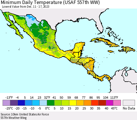 Mexico Central America and the Caribbean Minimum Daily Temperature (USAF 557th WW) Thematic Map For 12/11/2023 - 12/17/2023