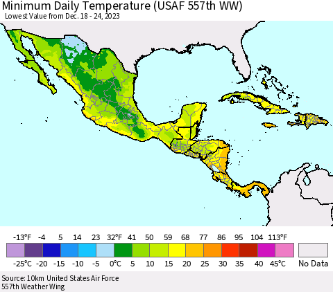Mexico Central America and the Caribbean Minimum Daily Temperature (USAF 557th WW) Thematic Map For 12/18/2023 - 12/24/2023