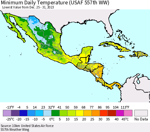 Mexico Central America and the Caribbean Minimum Daily Temperature (USAF 557th WW) Thematic Map For 12/25/2023 - 12/31/2023