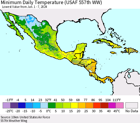 Mexico Central America and the Caribbean Minimum Daily Temperature (USAF 557th WW) Thematic Map For 1/1/2024 - 1/7/2024