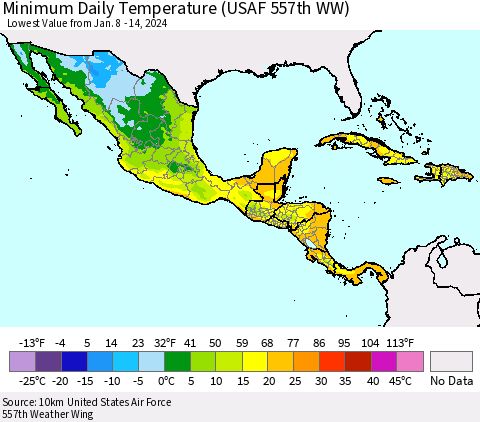Mexico Central America and the Caribbean Minimum Daily Temperature (USAF 557th WW) Thematic Map For 1/8/2024 - 1/14/2024