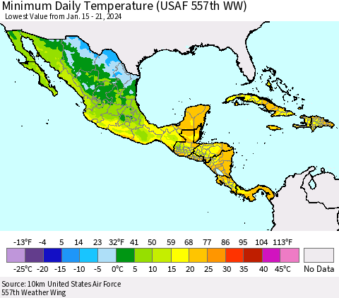 Mexico Central America and the Caribbean Minimum Daily Temperature (USAF 557th WW) Thematic Map For 1/15/2024 - 1/21/2024