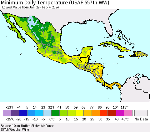 Mexico Central America and the Caribbean Minimum Daily Temperature (USAF 557th WW) Thematic Map For 1/29/2024 - 2/4/2024