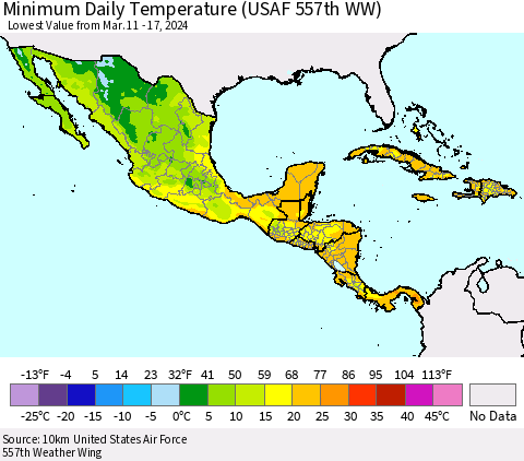 Mexico Central America and the Caribbean Minimum Daily Temperature (USAF 557th WW) Thematic Map For 3/11/2024 - 3/17/2024