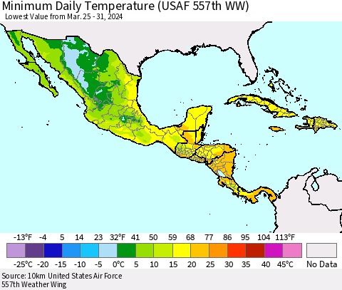 Mexico Central America and the Caribbean Minimum Daily Temperature (USAF 557th WW) Thematic Map For 3/25/2024 - 3/31/2024