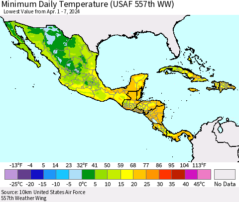 Mexico Central America and the Caribbean Minimum Daily Temperature (USAF 557th WW) Thematic Map For 4/1/2024 - 4/7/2024