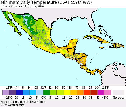 Mexico Central America and the Caribbean Minimum Daily Temperature (USAF 557th WW) Thematic Map For 4/8/2024 - 4/14/2024