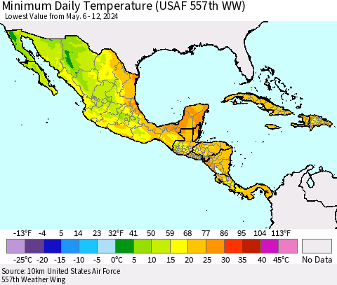 Mexico Central America and the Caribbean Minimum Daily Temperature (USAF 557th WW) Thematic Map For 5/6/2024 - 5/12/2024