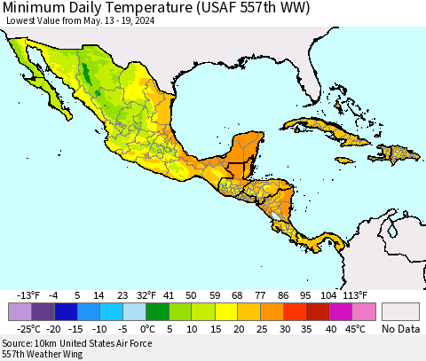 Mexico Central America and the Caribbean Minimum Daily Temperature (USAF 557th WW) Thematic Map For 5/13/2024 - 5/19/2024