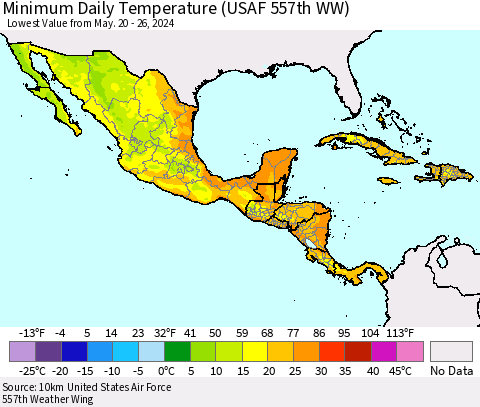 Mexico Central America and the Caribbean Minimum Daily Temperature (USAF 557th WW) Thematic Map For 5/20/2024 - 5/26/2024