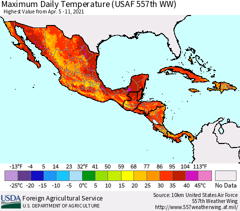 Mexico Central America and the Caribbean Maximum Daily Temperature (USAF 557th WW) Thematic Map For 4/5/2021 - 4/11/2021