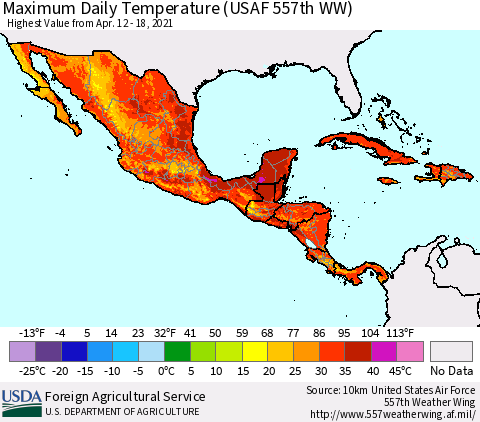 Mexico Central America and the Caribbean Maximum Daily Temperature (USAF 557th WW) Thematic Map For 4/12/2021 - 4/18/2021