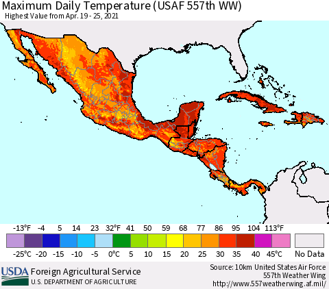 Mexico Central America and the Caribbean Maximum Daily Temperature (USAF 557th WW) Thematic Map For 4/19/2021 - 4/25/2021