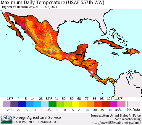 Mexico Central America and the Caribbean Maximum Daily Temperature (USAF 557th WW) Thematic Map For 5/31/2021 - 6/6/2021