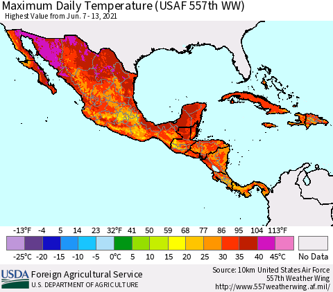 Mexico Central America and the Caribbean Maximum Daily Temperature (USAF 557th WW) Thematic Map For 6/7/2021 - 6/13/2021