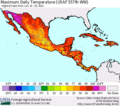 Mexico Central America and the Caribbean Maximum Daily Temperature (USAF 557th WW) Thematic Map For 6/14/2021 - 6/20/2021