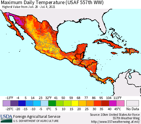Mexico Central America and the Caribbean Maximum Daily Temperature (USAF 557th WW) Thematic Map For 6/28/2021 - 7/4/2021