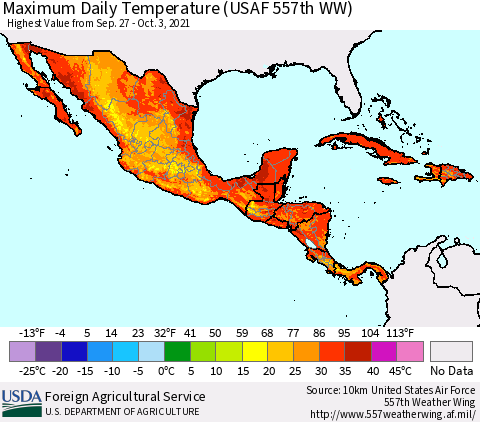 Mexico Central America and the Caribbean Maximum Daily Temperature (USAF 557th WW) Thematic Map For 9/27/2021 - 10/3/2021