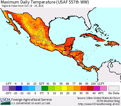 Mexico Central America and the Caribbean Maximum Daily Temperature (USAF 557th WW) Thematic Map For 10/18/2021 - 10/24/2021