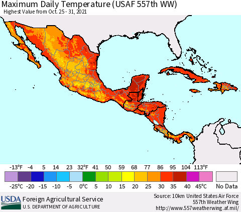 Mexico Central America and the Caribbean Maximum Daily Temperature (USAF 557th WW) Thematic Map For 10/25/2021 - 10/31/2021
