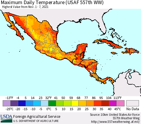 Mexico Central America and the Caribbean Maximum Daily Temperature (USAF 557th WW) Thematic Map For 11/1/2021 - 11/7/2021