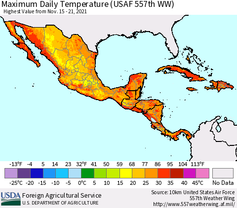 Mexico Central America and the Caribbean Maximum Daily Temperature (USAF 557th WW) Thematic Map For 11/15/2021 - 11/21/2021